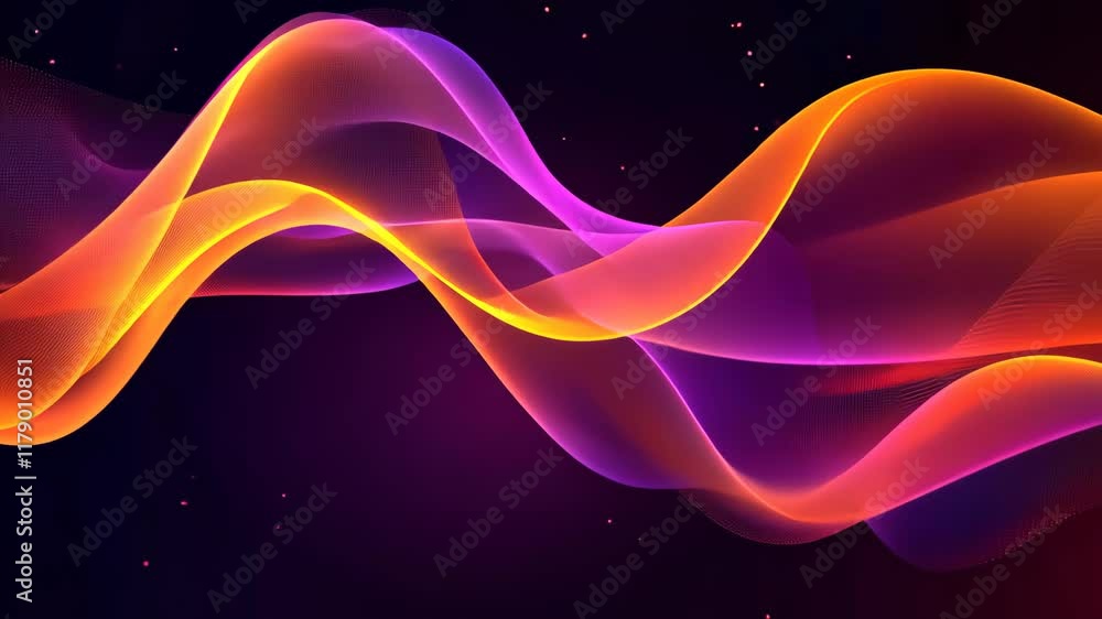 Poster vibrant abstract waves in orange and purple hues creating a dynamic visual effect against a dark bac