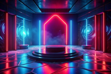 A room with neon and red lighting serves as a stage for product display, creating a visually striking background