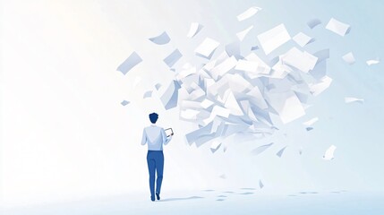 Obraz premium Businessman Walking Towards Flying Papers - Office Work Concept