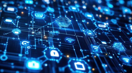 Digital blue background image with technology symbols