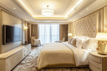 Beautiful luxury bedroom suite in hotel with tv