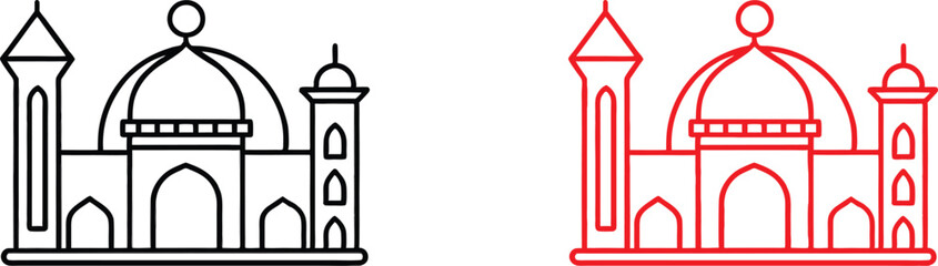 Mosque icon, circular design, minimalist illustration, black and red versions, Islamic architecture, domed roof, minarets, arched entrance, symmetrical composition, line drawing, geometric shapes, sim