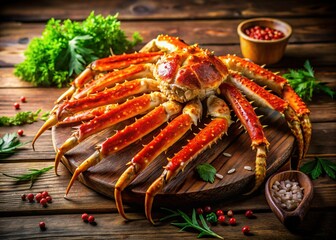 Delicious King Crab Legs on a Rustic Wooden Table, Architectural Photography Style