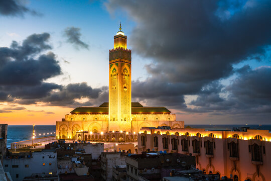 Hassan II mosque at dusk, Casablanca, Morocco