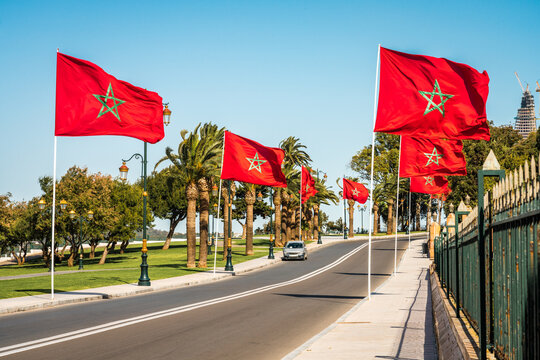 Road with flags of Morocco in Rabat