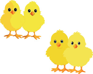 Two pairs of cute cartoon chicks standing together