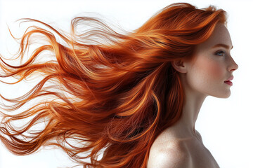Fototapeta premium portrait of a woman with long red hair on white background