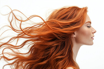 Fototapeta premium portrait of a woman with long red hair on white background