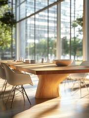 Fototapeta premium Wooden table in sunny office with big windows