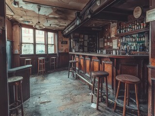 Abandoned bar pub interior slung derelict forsaken outcast