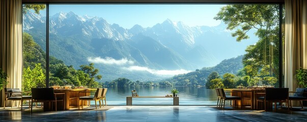 Fototapeta premium Serene Mountain Lake View from Luxurious Living Space