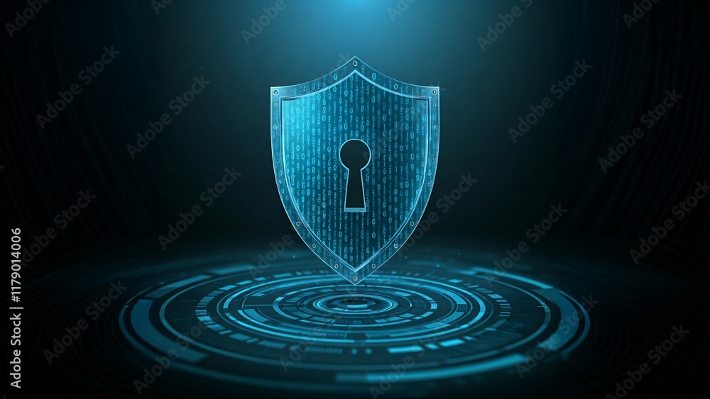 Poster digital blue shield with keyhole on a futuristic interface background, symbolizing cybersecurity.