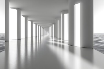 Abstract white columns, pathway, water.