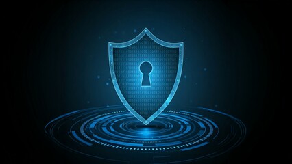Digital blue shield with a keyhole symbolizing cyber security on a dark background with concentric circles.