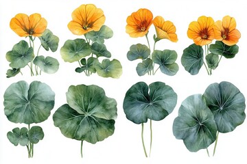 A watercolor illustration of nasturtium flowers and leaves, showcasing their vibrant colors and shapes.