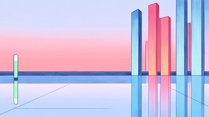 Obraz premium Dreamlike Pastel Digital Illustration: Geometric Structures Reflecting on Serene Waters. AI Generated