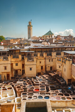 Old traditional tannery and city, high angle view, Fes, Morocco