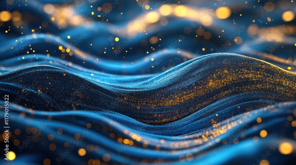 Poster digital abstract wave background in blue with golden particles. high-tech, futuristic design featuri