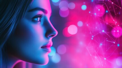 Fototapeta premium abstract background with pink blue glowing neon lines and bokeh lights. Data transfer concept. Digital wallpaper, AI Generative