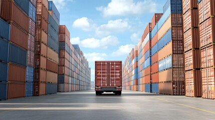 Fototapeta premium A truck drives through a cargo container yard, flanked by towering stacks of shipping containers under a blue sky.