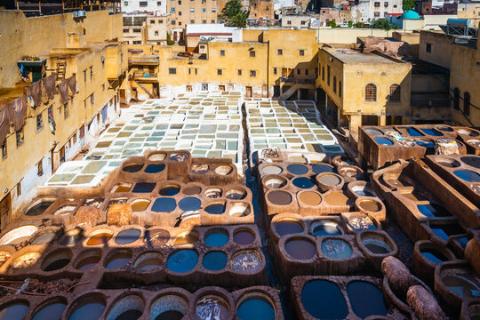Old traditional tannery, high angle view, Fes, Morocco