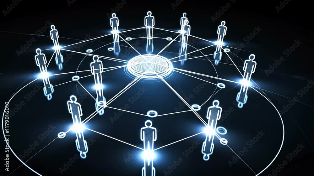 Poster connected by light: a futuristic representation of interconnectedness, with glowing figures linked b