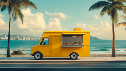 yellow food truck parked on the side of the road, beach background with blue sky, Ai generated image
