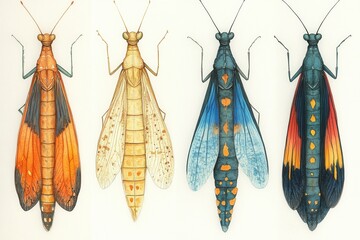 A detailed illustration of colorful insects showcasing various wing patterns and colors.