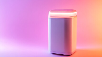 A portable mini washing machine glowing against a pastel gradient of peach and lavender