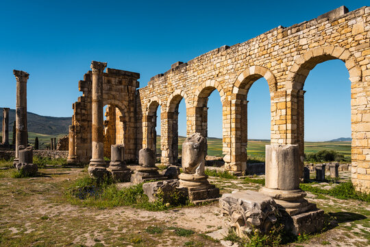 Arches of the Basilica, old roman ruins, Archaeological Site of Volubilis, Meknes, Morocco