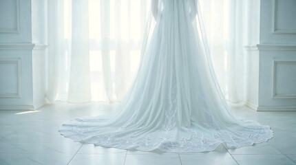 A young bride standing in wedding dress