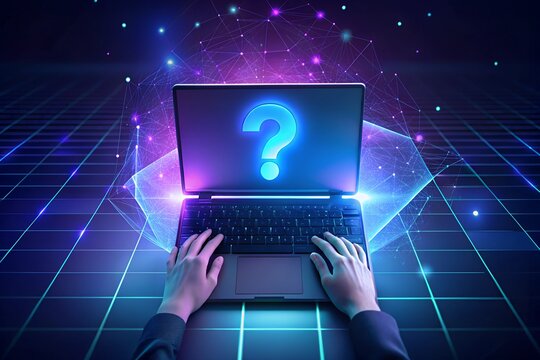 hands operating laptop on a desktop, with a blurred abstract question mark interface in background