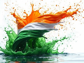 Fototapeta premium Water forms the Indian tricolor flag on a white surface, representing the celebration of Indian Republic Day, generative ai 