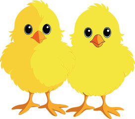 Two cute cartoon chicks standing together on white background