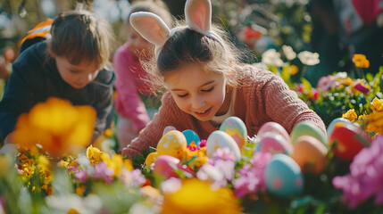 Joyful Easter Egg Hunt with Children in a Vibrant Garden Celebration