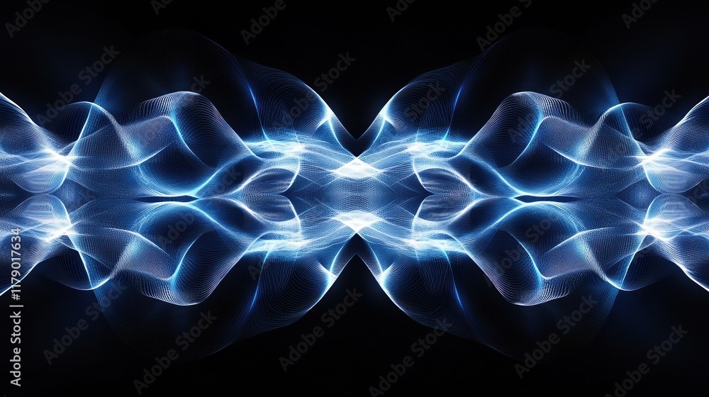 Poster a digital abstract background featuring a geometric pattern of glowing blue and white lines on a dar