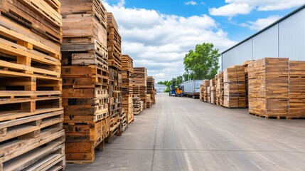 A vibrant outdoor storage area filled with stacked wooden pallets under a blue sky and fluffy clouds.