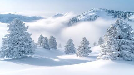 Snow covered trees and mountains in a winter wonderland