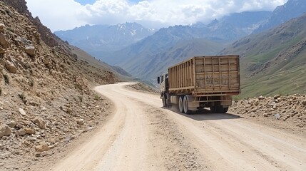 A truck navigates a winding dirt road through mountainous terrain, surrounded by lush greenery and distant snow-capped peaks.