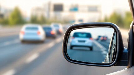 A blurred view of cars on a highway, focusing on the side mirror of a vehicle reflecting the traffic behind.