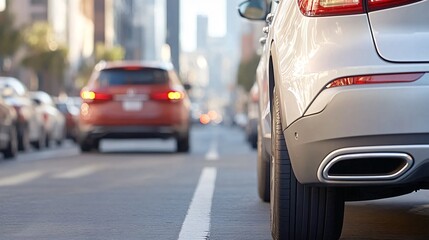 A close-up view of two cars on a busy city street, focusing on the rear of a silver vehicle with a blurred background of urban life.