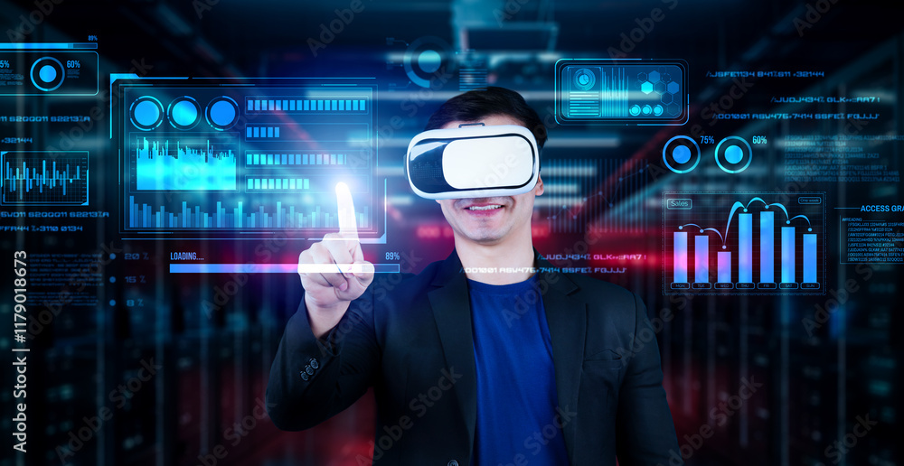 Aufkleber businessman with headset standing at data center while analyzing financial data. manager pointing ma