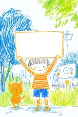 Fototapeta premium Joyful Child Cheerfully Holds Blank Sign: Vibrant Hand-Drawn Illustration. AI Generated