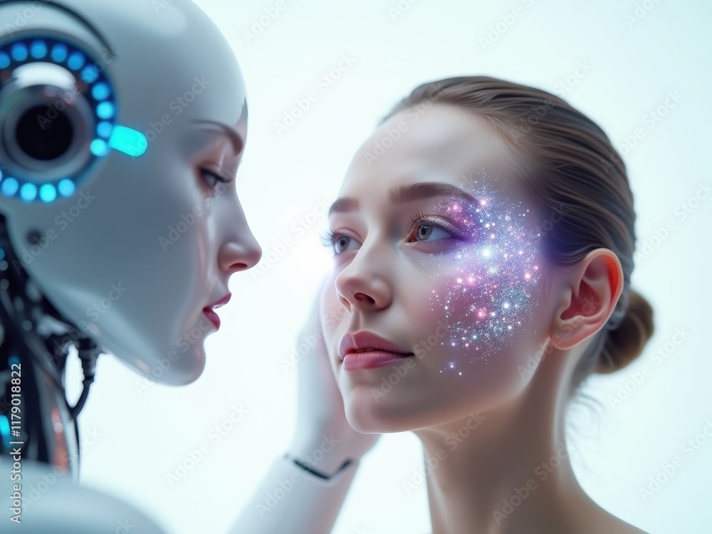 Poster captivating interaction between advanced robot and human showcasing futuristic technology and artist