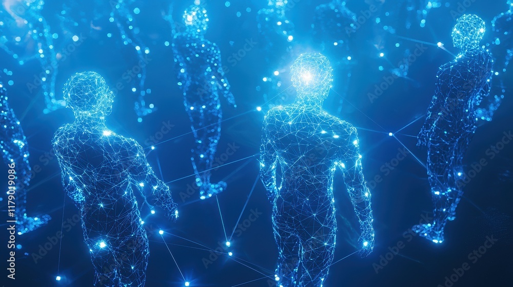 Poster a network of people connected to each other with glowing lights on them and a blue background