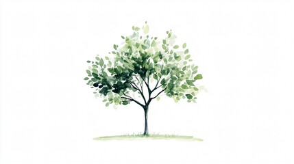 Lush Watercolor Tree: Verdant Foliage on White Background