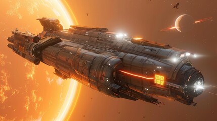Obraz premium Futuristic Spaceship in Orbit, fiery sun, orbiting planets, interstellar travel.