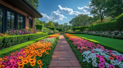 Serene Garden Path: A Brick Walkway Through Vibrant Flowerbeds