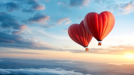 Fototapeta premium Couple enjoying a serene hot air balloon ride during a stunning sunset floating above a picturesque landscape with vibrant colors in the sky