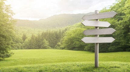 Rustic wooden signpost with multiple arrows pointing towards various destinations in a scenic natural setting